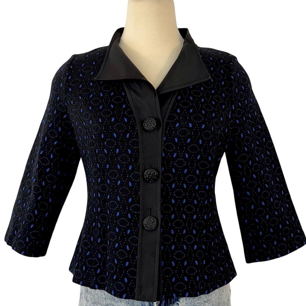 St. John Textured Black Blue Blazer Jacket Embellished Buttons Wool Blend Size 8